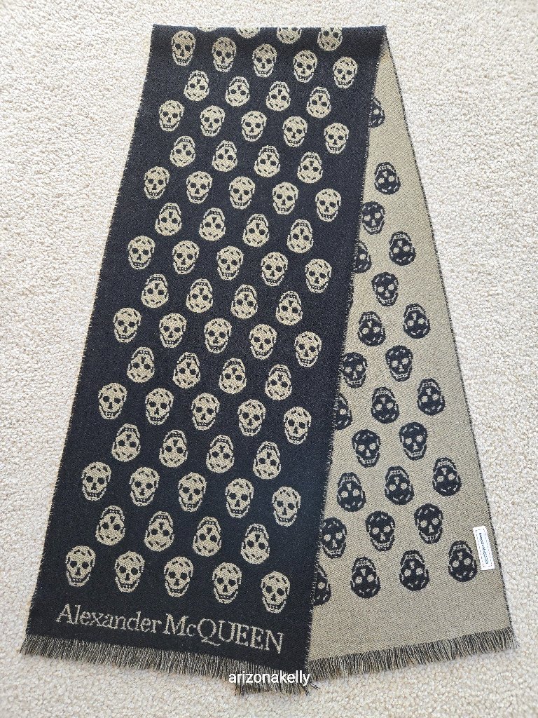 Mcqueen Wool Skull Scarf Jacquard Black & Tan